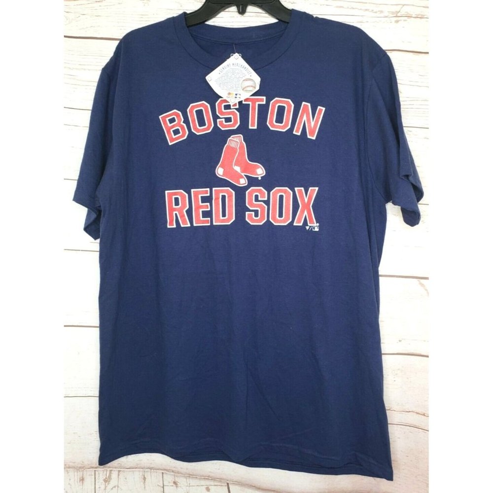Fanatics Large Blue With Red Letters Boston Red Sox Logo % 100 Cotton T Shirt